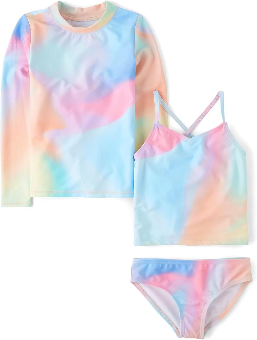 The Children's Place Girls' Standard Rashguard and Swimsuit Set (Medium, Rainbow Blue 3-piece)