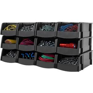 IRIS USA Small Stackable Storage Bins, 12-Pack, 7.5 x 4.5 x 3 inch, |Made in USA|, Plastic Open Front Shelf Bin for Organizing Parts, Hardware, Tools, Supplies, Garage Shelf, Pantry - Black