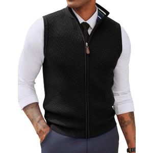 PJ PAUL JONES Men's Sweater Vests Slim Fit Twill Textured Full Zip Sleeveless Vests Casual Outwear (XX-Large, Black)