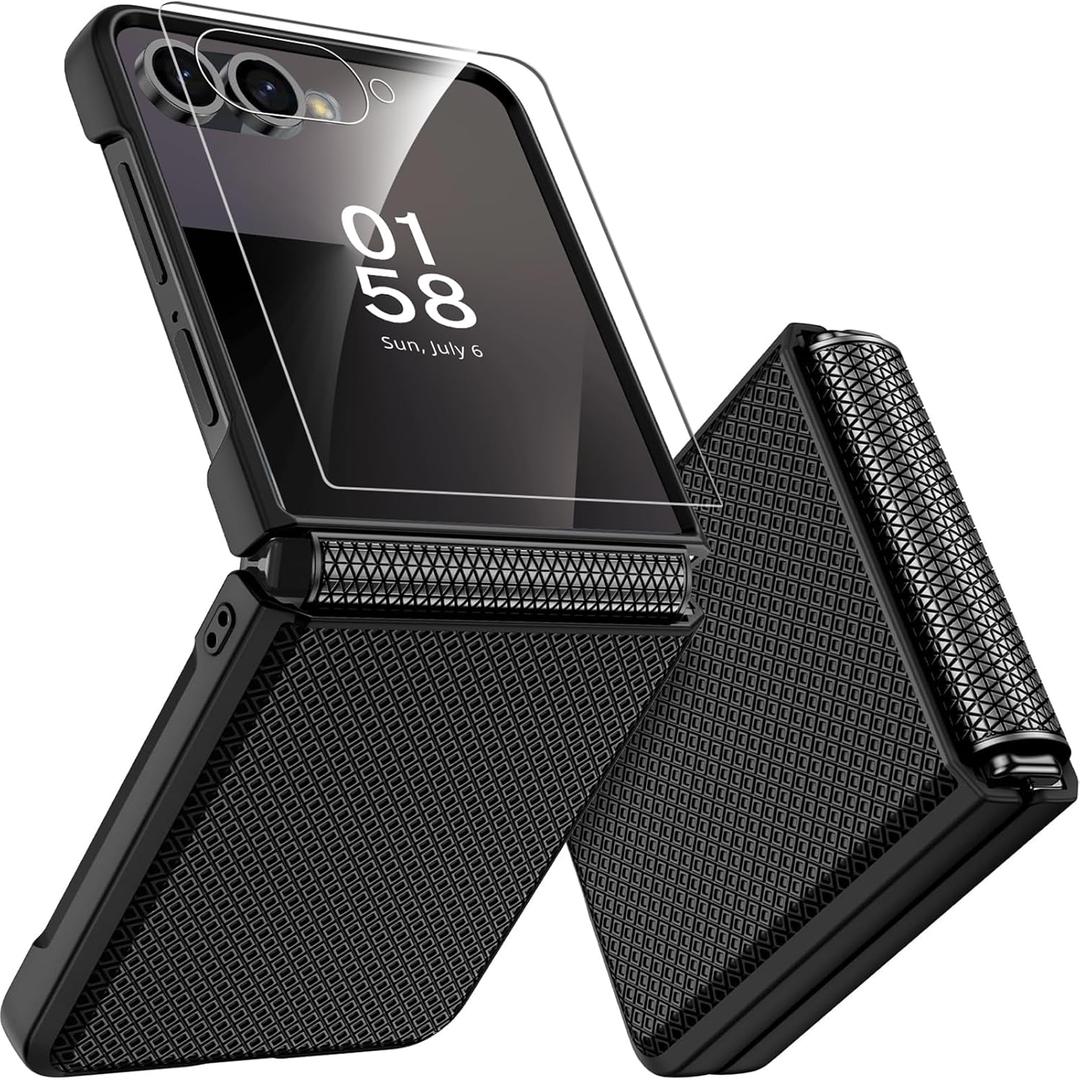 Miimall for Galaxy Z Flip 7 Case with Screen Protector, Non-Slip Hinge Protection Wireless Charging Dustproof Shockproof Hard Rugged Slim Women Rugged Phone Case for Samsung Flip 7 2025 Cover Black