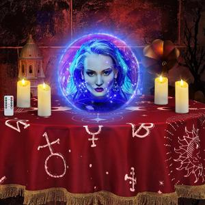 7 Pcs Halloween 14" Clear Acrylic Globe Decoration Costume Set with 2.75" Neckless Opening 60" Round Halloween Tablecloth with Tassel 4 LED Candle String Crystal Lamp Box for Halloween