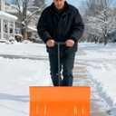 Wheeled Snow Plow Shovel, 20" H Heavy-Duty Steel Orange Blade with Single Handle, 5 Angles, 2 Wheels, Back Saver Pusher for Snow Removal on Driveway, Sidewalks and Doorways