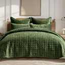 RECYCO Luxury Velvet Quilt Set King Size Bedding Sets, Ultra Soft Velvet Comforter Set, Lightweight Channel Box Stitch Oversized Bedspread Coverlet for All Season, with 2 Shams, Loden Green