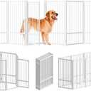 Full Metal Freestanding Dog Gate with Door, 32''Height Foldable Pet Dog Fence for Indoor & Outdoor, 8 Panels Extra Wide Free Standing TallDog Gates for Doorways,House,Stairs,Porch,Deck,Yard (White)