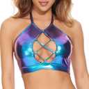 Gatielzana Halter Metallic Crop Top Shiny Keyhole Bra for Dancing, Raves, Festivals, Costumes, Holographic Blue, S