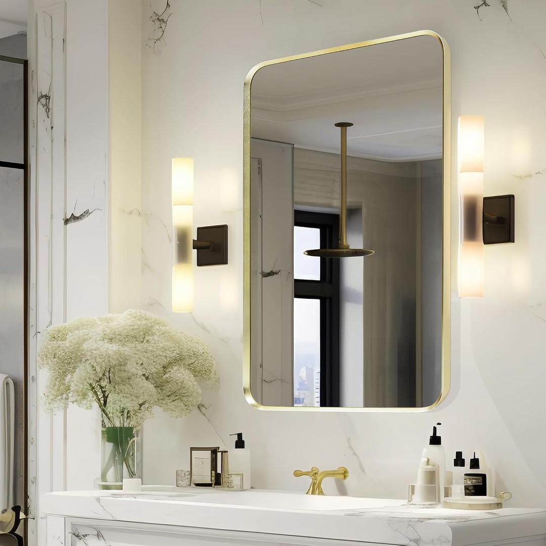 Wall Mount Mirror for Bathroom, Brushed Gold Metal Framed Rounded Corner Rectangular Vanity Mirror (24" x 36", Gold)
