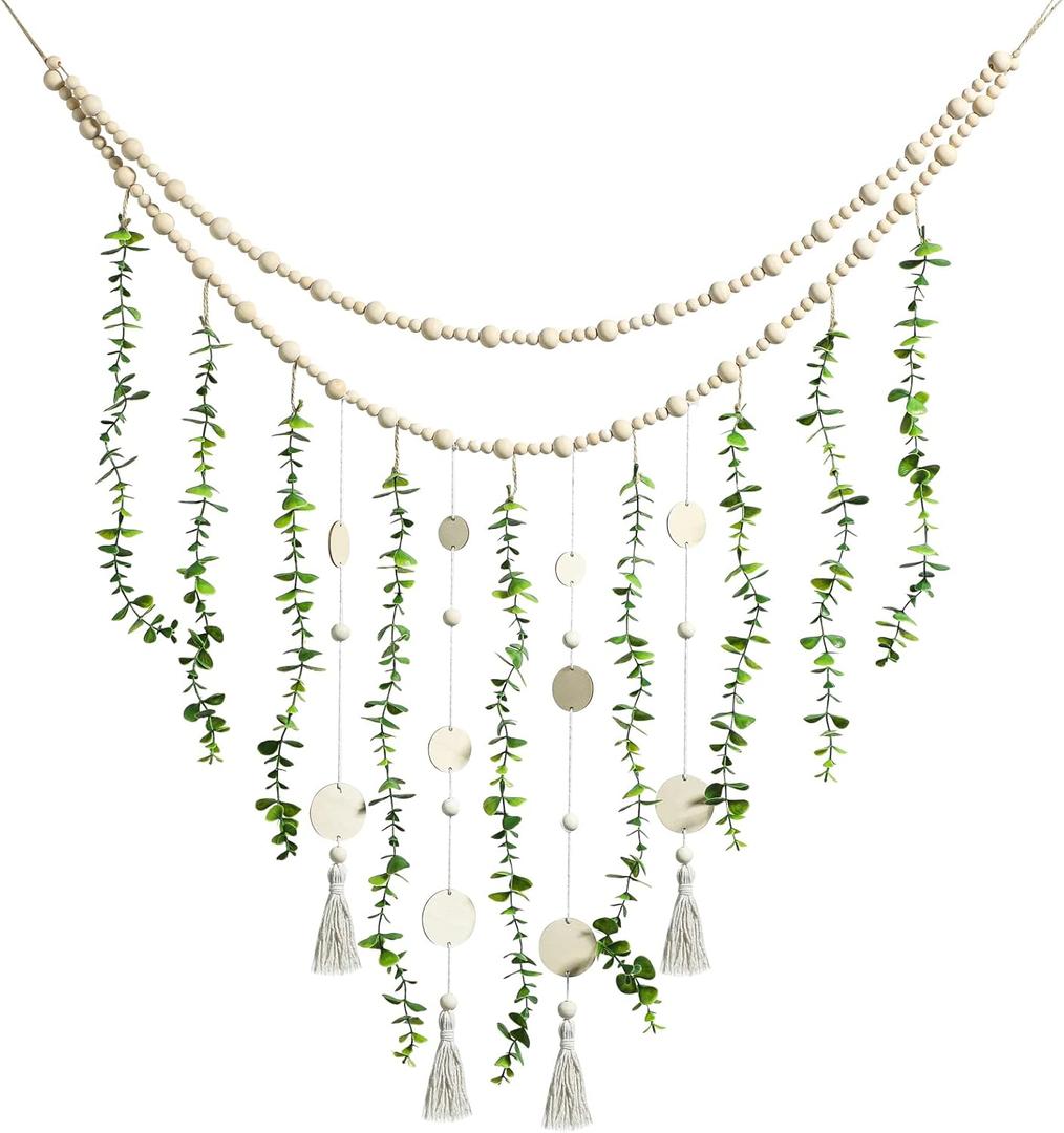 Hanging Eucalyptus Boho Wall Decor Large Boho Bedroom Wall Hanging Wooden Bead Garland Artificial Eucalyptus Natural Greenery Decoration, 36 x 36 Inch (Simple Color, Wood Chip Style)