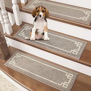 BEQHAUSE Stair-Treads-for-Wooden-Steps Non-Slip Washable Reusable Carpet Stair Treads 28inX9in Polyester Soft Indoor Stair Runner for Kids Elders and Pets 15pcs, Taupe