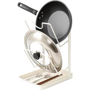 Kitchen Pot Lid Storage Rack, Pot Lid Holder While Cooking with Removable Drip Tray for Spatulas, Multifunctional Kitchen Pot Lid Organizer for Stove Top, Ladles & Large Lids (White)