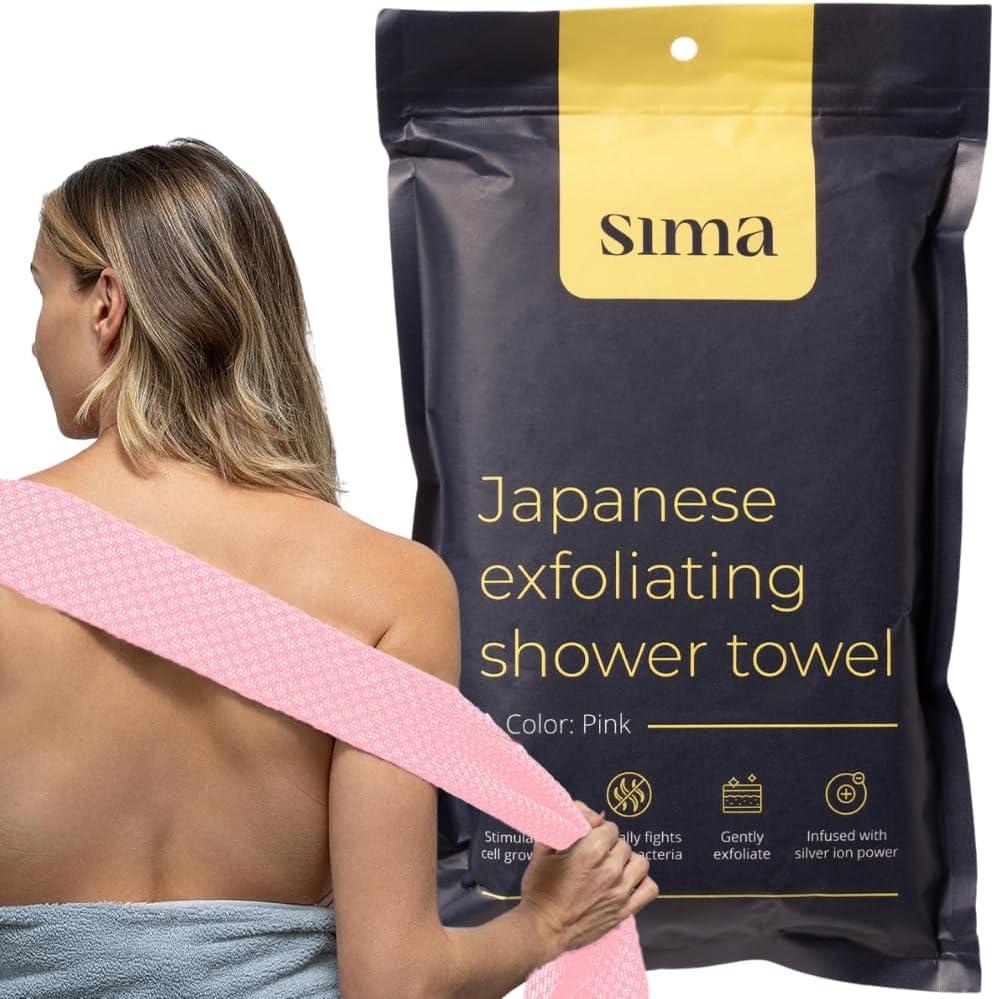 Exfoliating Washcloth Face & Body Scrub Towel - Japanese Exfoliating Towel with Hexagon Fibers, Body Scrubber with 2 Sides for Scrubbing & Washing, Extra Long Body Towels (Pink)