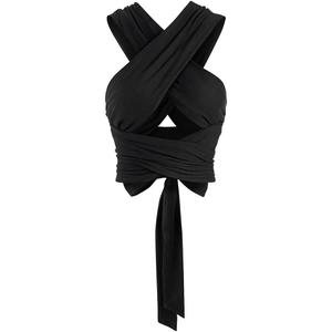 ZAFUL Womens Ribbed Halter Crop Top Ruched Lace-up Cropped Cami Bandana Top Criss Cross Wrap Print Tank Top (One Size, Black)
