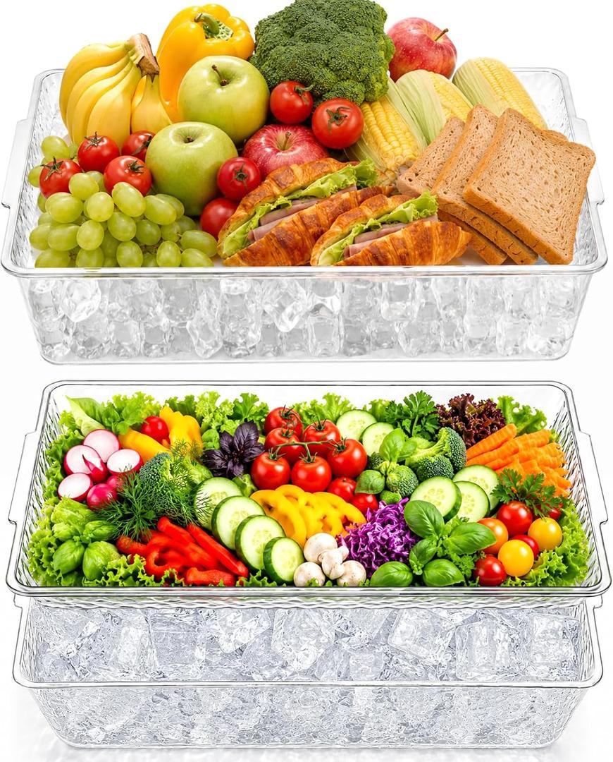 2pcs Chilled Serving Tray, Clear Cold Food Serving Trays for Party Buffet & Catering, Multi-Sectional Ice Trays for Vegetable and Fruit, Keep Food Fresh with Ice Chamber