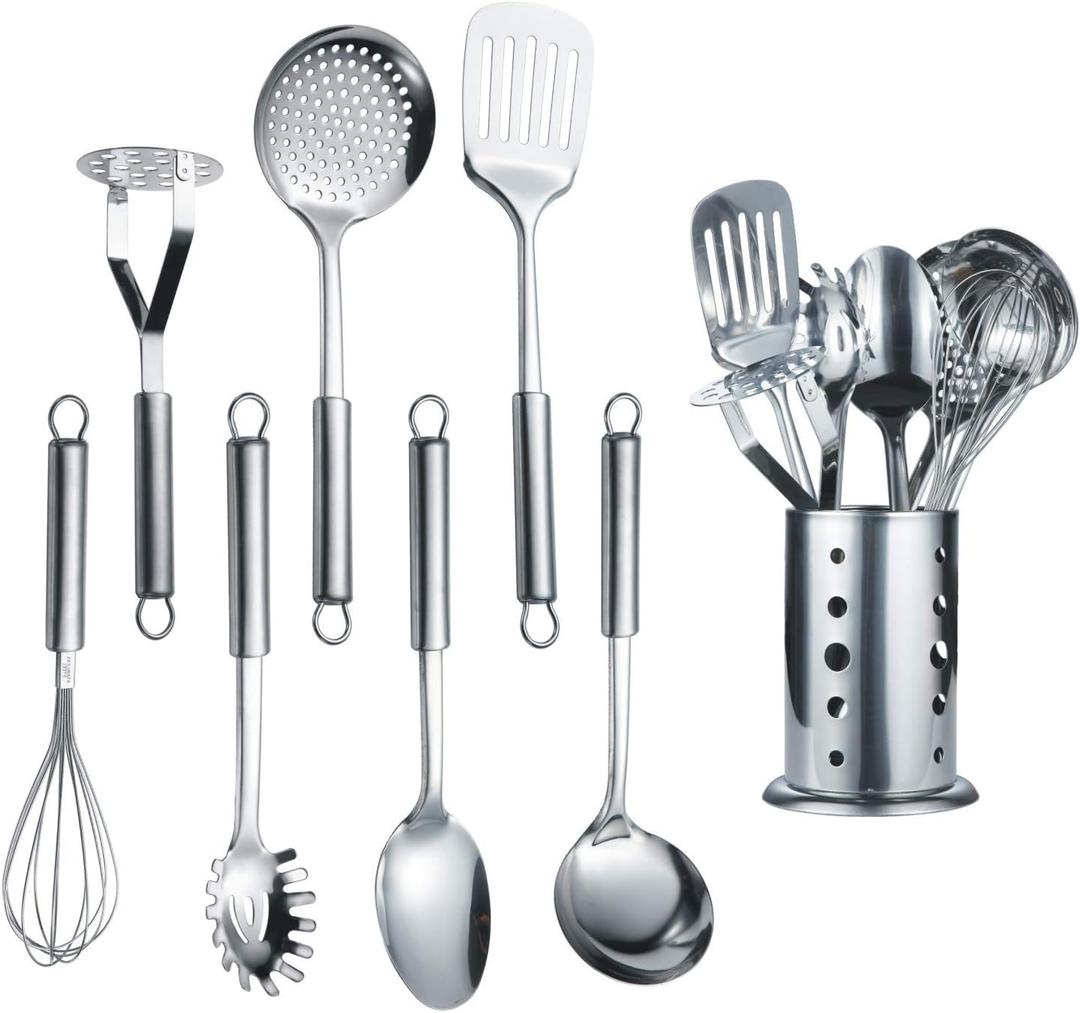 Berglander Cooking Utensil Set 8 Piece, Stainless Steel Kitchen Tool Set with Stand,Cooking Utensils, Slotted Tuner, Ladle, Skimmer, Serving Spoon, Pasta Server,Potato Maseher, Egg Whisk. 8 Pieces