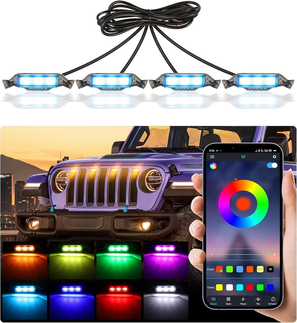 Grill Lights for Jeep Wrangler JL JLU Front Bumper Grille LED Running Marker Lamp Accessories (RGB, 2018-2023)