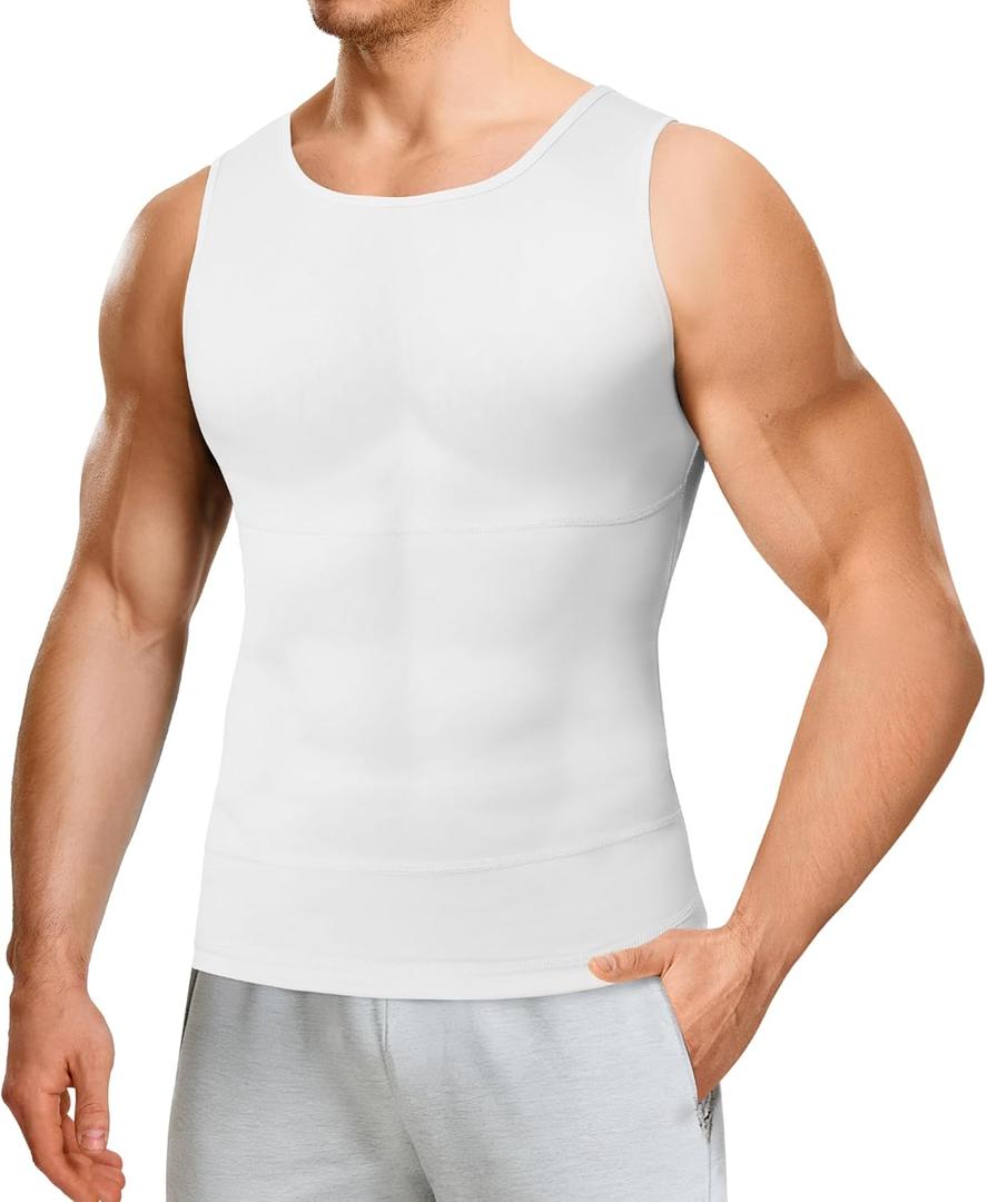 Nebility Shapewear Mens Compression Shirt - Slimming Body Shaper Vest Sleeveless Undershirts Workout Tank Tops (Large, White)