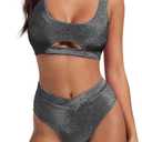 SUUKSESS Women Cutout Color Block Bikini Sets Sexy High Cut 2 Piece Bathing Suit (Medium, Shiny Black)