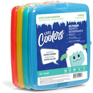 Cool Coolers By Fit & Fresh 4 Pack Slim Ice Packs, Quick Freeze Space Saving Reusable Ice Packs for Lunch Boxes or Coolers, Multi Colored, Single Pack