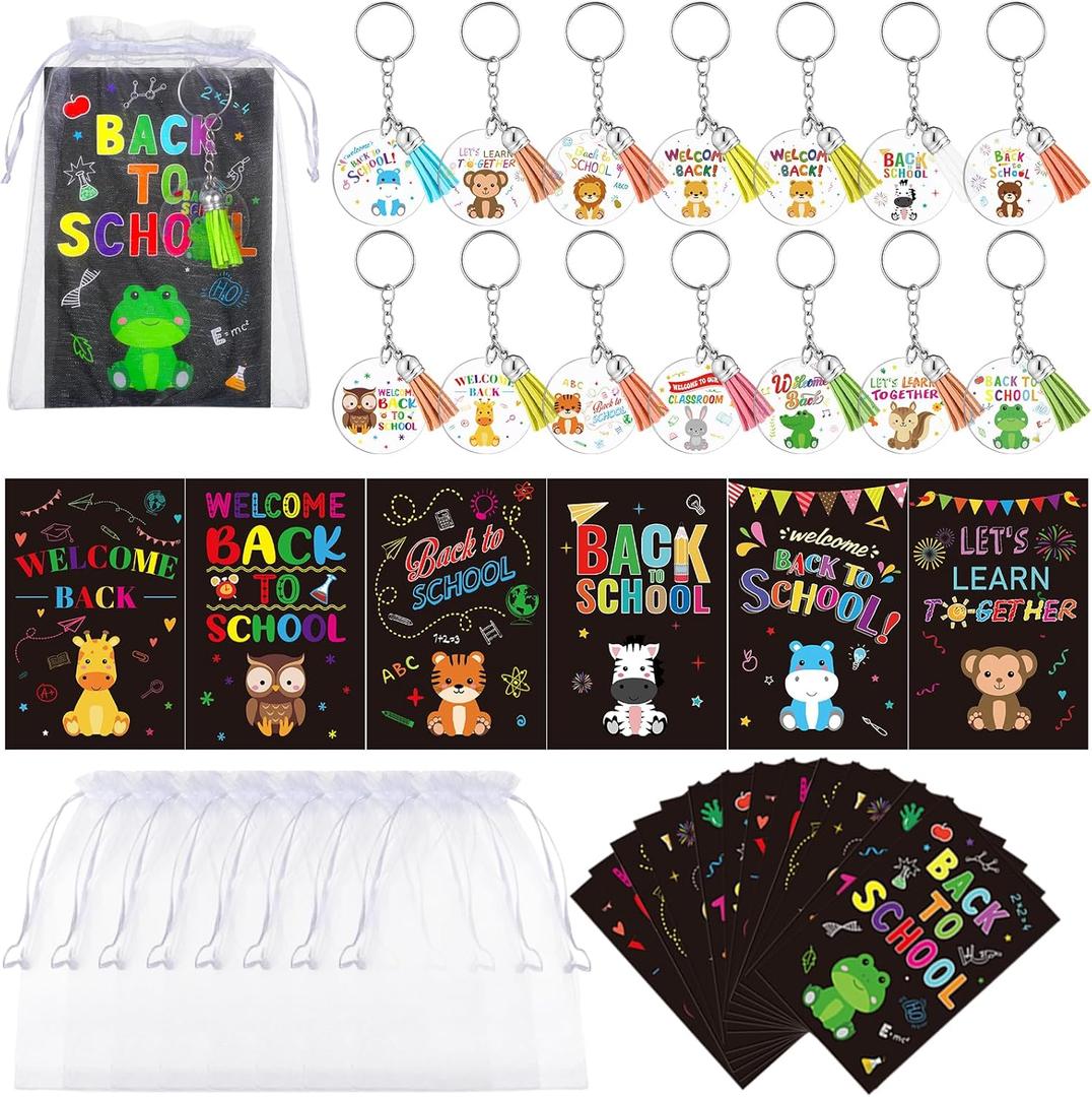 28 Set Back to School Gifts Include Acrylic Mini Animal Keychains First Day of School Cards and Organza Bags for Students Kids Back to School Classroom Gifts Jungle Animal Party Favors