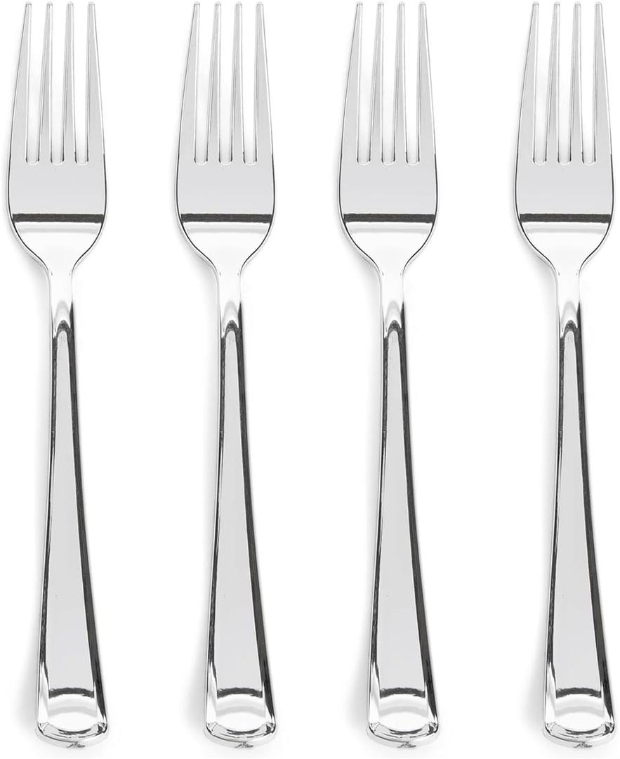 Prestee 300 Count Plastic Forks - 7 Inch Heavy Duty Disposable Silverware - Bulk Fancy Silver Fork Set for Table Decor - Durable Plastic Silverware for Parties, Events and Christmas Holidays