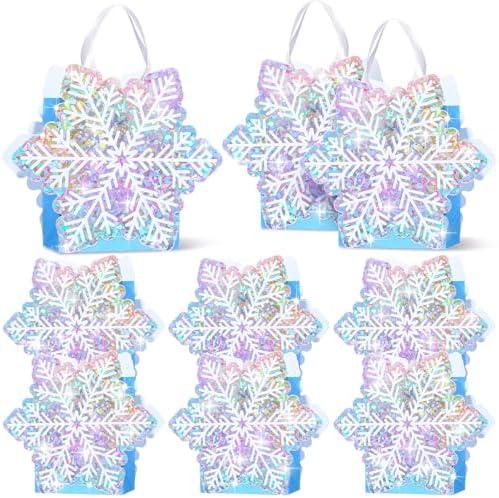 Kolldenn 12 Pcs Holographic Snowflake Gift Party Bags Snowflake Princess Party Favors Candy Treat Goodie Bags with Handle for Wedding Holiday Birthday Supplies