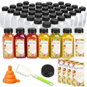 TOMNK 100pcs 8oz Empty Plastic Juice Bottles with Caps, Reusable Clear Bulk Beverage Containers with Label, Funnel and Brush for Juicing, Milk, Smoothie, Drinking, Beverages