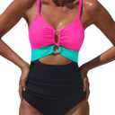 Popvil One Piece Swimsuit for Women 2025 Sexy Neon Swim Suits Cut Out Tummy Control Bathing Suit Braid Color Block Swimwear, Hotpink, Medium