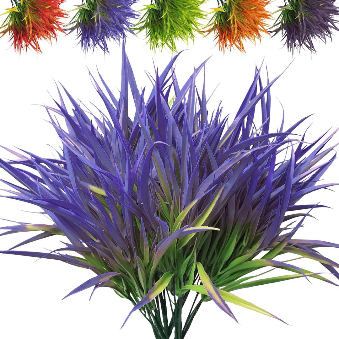 Outdoor Artificial Plants 8 Bundles Fake Plants Grass UV Resistant Fake Flowers Bush Greenery,17Inch Tall Faux Grass Shrubs for Home Porch Pathway Garden Dcor Outside Indoor (Purple)