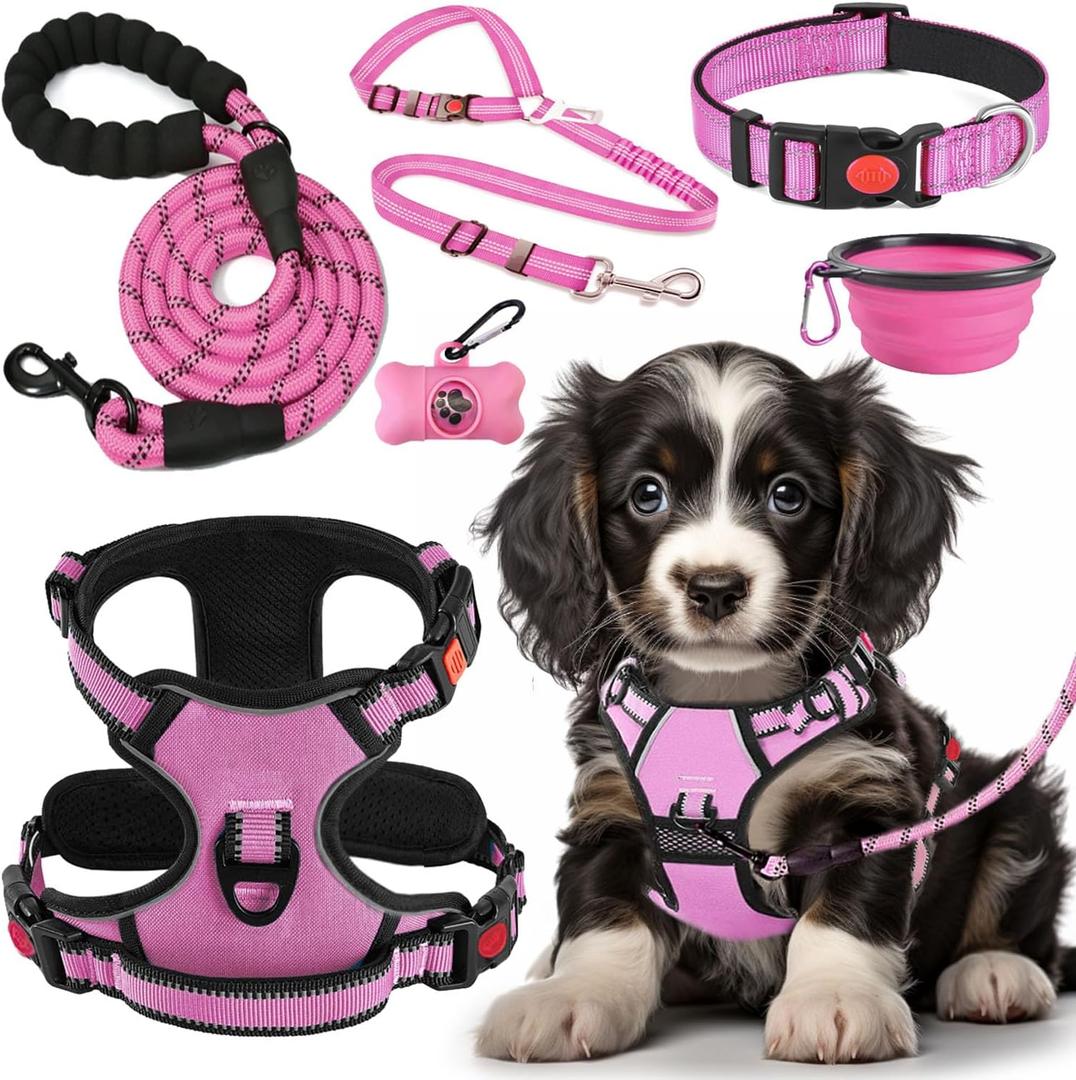 No Pull Dog Harness, Collar & Leash Set | Includes Dog Seat Belt, Collapsible Bowls & Poop Bag Dispenser. Ideal for Training, Walking, Hiking. Fits Small to Large Dogs(Pink-M)
