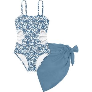 Girls Swimsuit, Adjustable Straps Cut Out One Piece Bathing Suit with Solid Color Cover Up Skirt Girls' Swimwear (13-14 Years, Blue Printed)