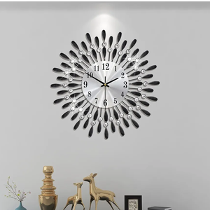 Wall Clocks for Living Room Decor Large Wall Clocks Battery Operated Silent Non-Ticking for Bedroom Kitchen Office Home Decorative 14 Inches Small Round Metal Black Crystal Wall Watch Clock