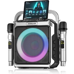 Portable Karaoke Machine, with Wireless Microphones, Bluetooth Party Speaker with LED Lights, Loud Subwoofer, USB/AUX, Outdoor Karaoke Speaker for Adults & Kids, Matte Silver