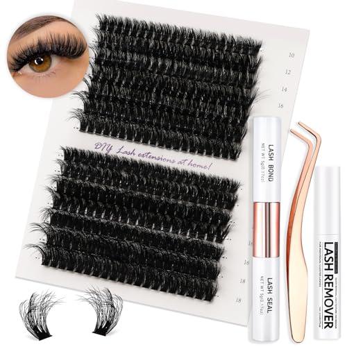 Vznffur Fluffy Lash Extension Kit 280Pcs Thick Eyelash Extension Kit 60D 80D Mix 10-18mm Volume Cluster Lashes with Bond and Seal Tweezers Cluster Remover