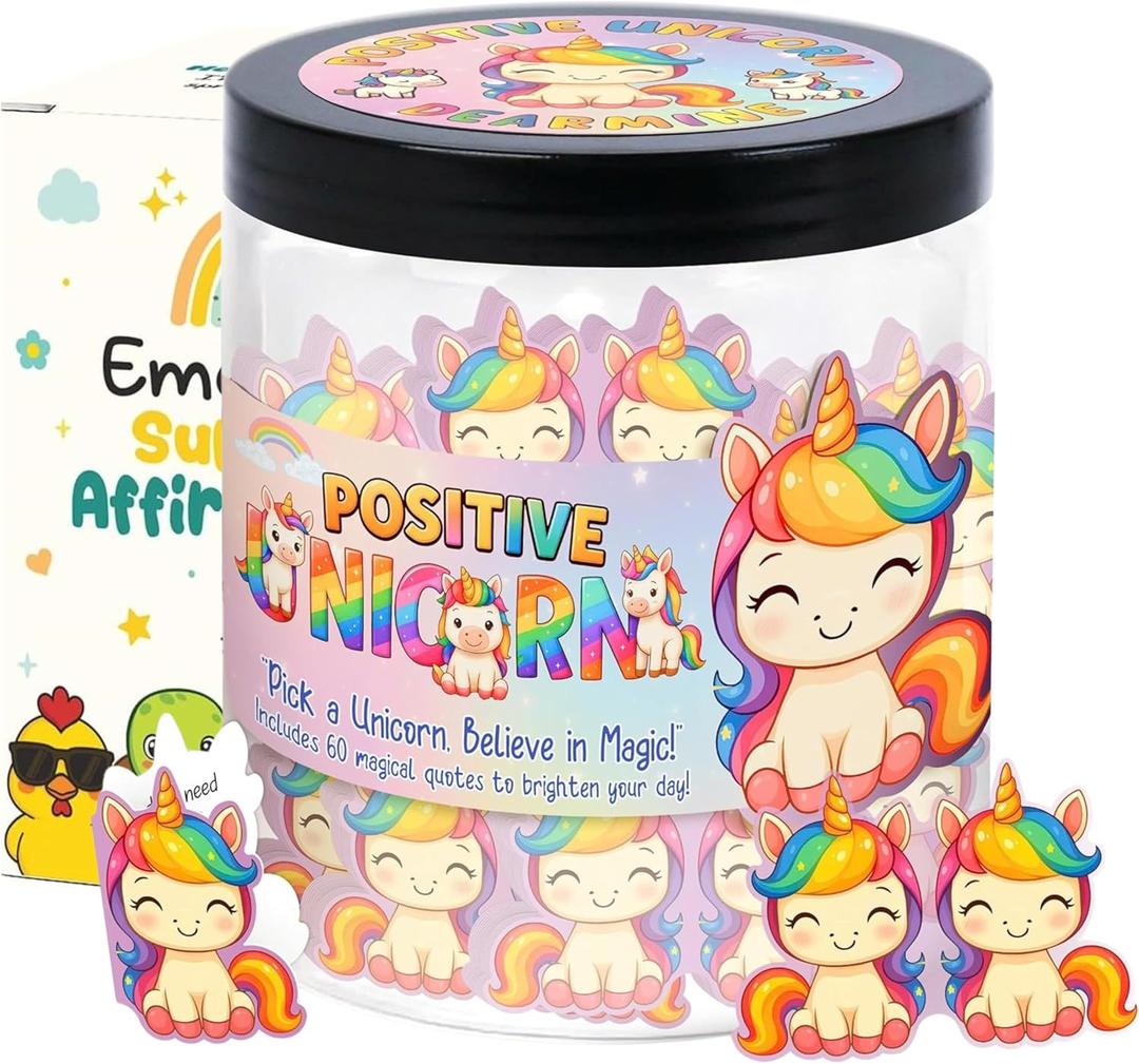 Positive Unicorn Jar with 60 Encouragement Cards, Daily Affirmation Cards, Emotional Support Gift For Girls, Teens, Friend, Kids, Unicorn Birthday Decorations, Funny Gifts, Trendy Stuff for Teen Girls