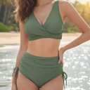 Women's High Waisted Bikini Sets V Neck Twist Front Ruched Bathing Suit Padded Lace Up Back Two Piece Swimsuit (S)