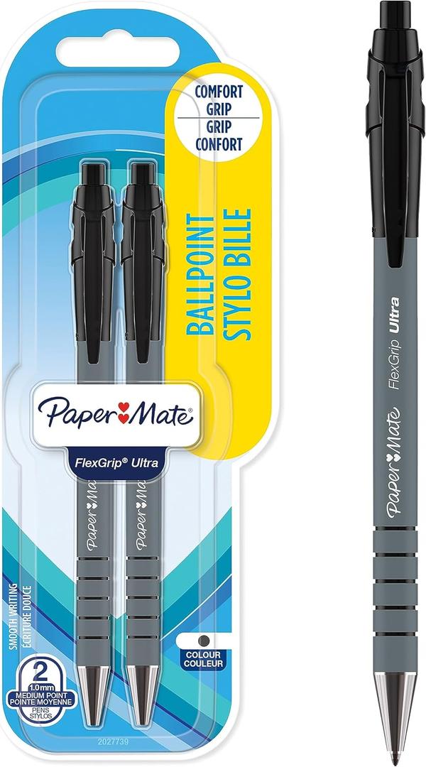 Paper Mate FlexGrip Ultra Retractable Ballpoint Pens | Medium Point (1.0mm) | Black | 2 Count (1 Count (Pack of 2))