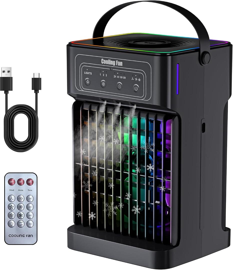 Portable Air Conditioners, 2026 Upgraded 4-IN-1 Quiet Portable AC Unit with Remote, 1100ML Tank Evaporative Air Cooler, 7 Color Light Personal Mini Air Conditioner for Bedroom,Office, Camping, Car,RV