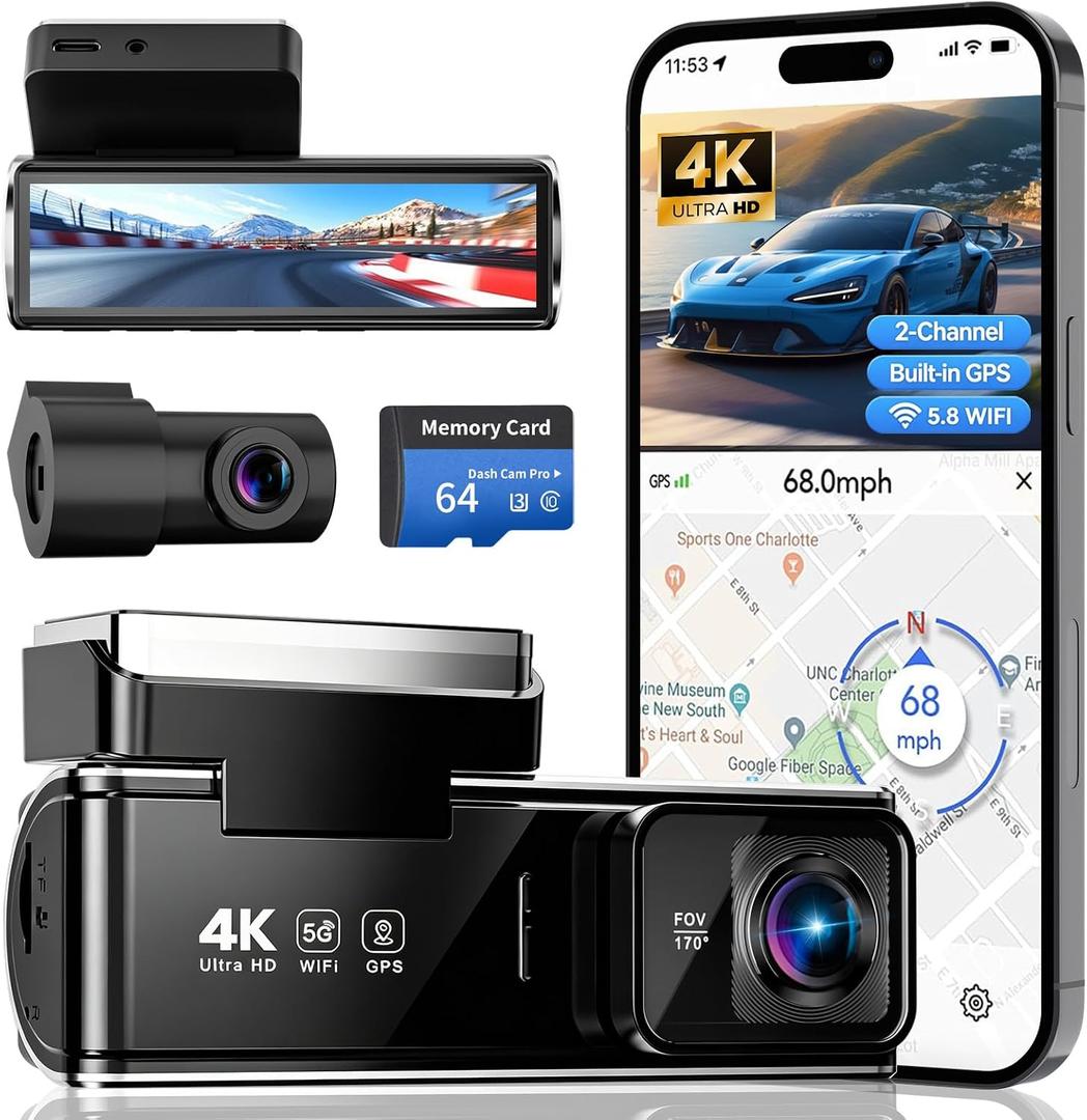4K Dual Dash Cam Front and Rear, 2 Channel Car Camera with Built-in GPS 5.8GHz WiFi, 3.5" IPS Screen, 64GB Card Included, 170 Wide Angle, Night Vision, 24H Parking Monitor for Cars