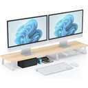 Large Dual Monitor Stand Riser - Monitor Stand for 2 Monitors, Wooden Computer Stand For Desk with Metal Legs, Desk Organizers and Storage With Drawer, Desk Shelf for Computer/Laptop/Printer/TV, Oak