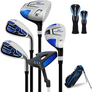 Kids Golf Clubs Set for Boys & Girls Ages 3-12, Junior Golf Set with Stand Bag, Driver, Hybrid, Irons & Putter, Youth Golf Club Set Right Handed, Blue, 57–63 in