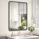 OKPAL 24X32 Inch Black Metal Framed Bathroom Mirror for Wall, Rounded Rectangle Matte Black Vanity Mirror for Bedroom with Beveled Border, Anti-Rust, Shatterproof (Horizontal/Vertical)