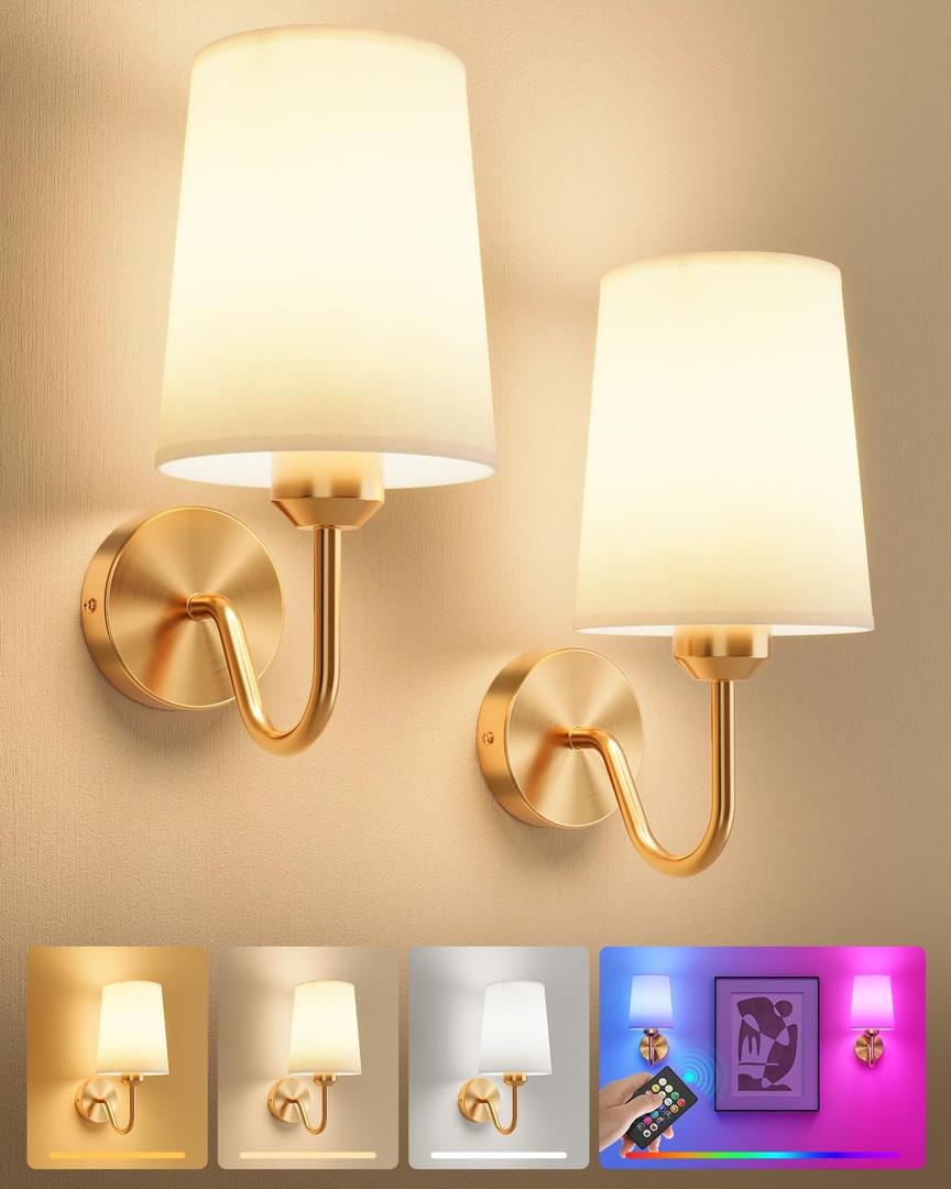 Ouyulong Battery Operated Wall Sconces Set of 2, Wireless Rechargeable Dimmable Wall Light with RGB Bulb and Remote for Bedroom, Living Room, Hallway (Gold), 2 Packs