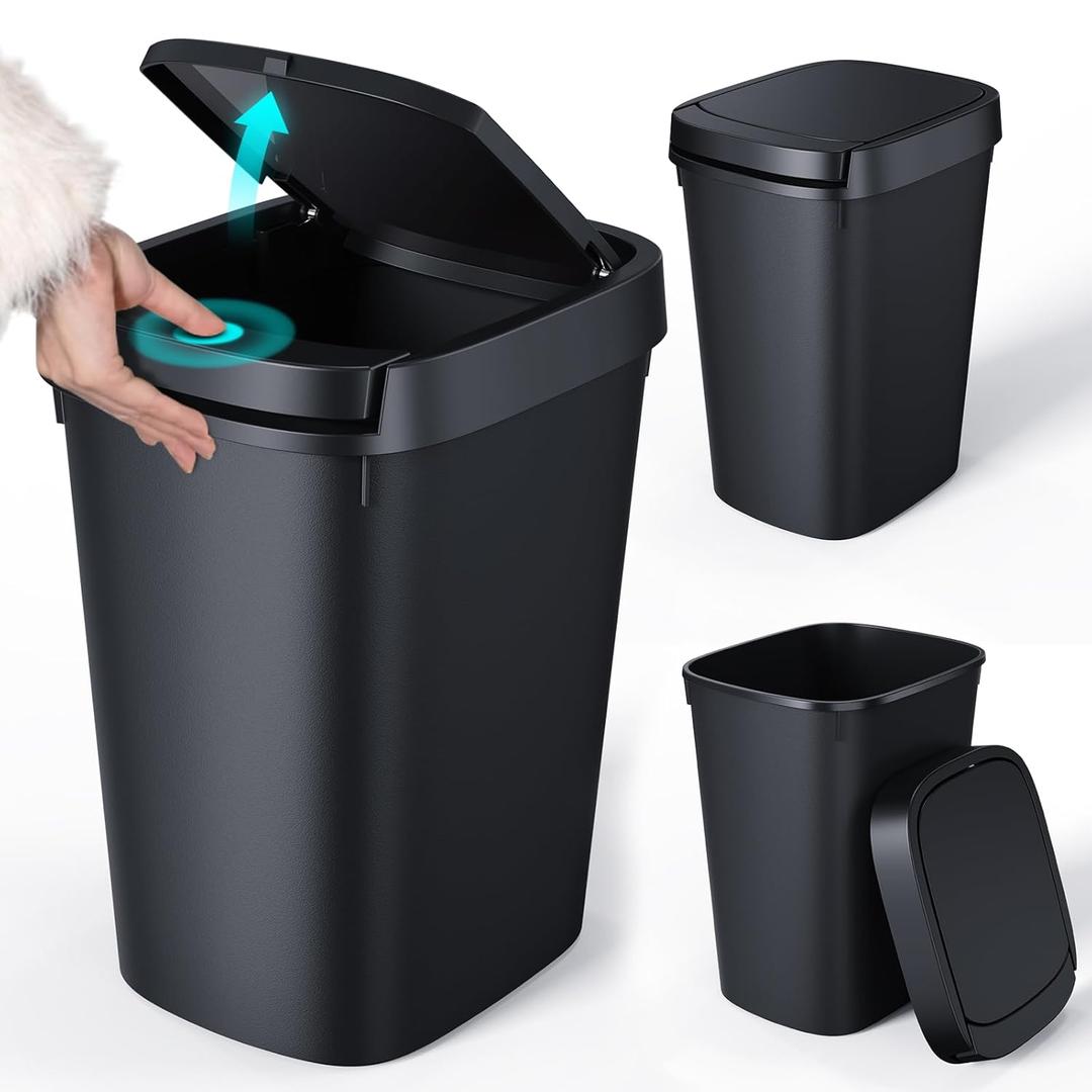 CEROELDA 3 Pack Slim Bathroom  Can, 10L/2.6 Gal with Press Top and Pop-up Lid, Plastic Wastebasket for Toilet, Office, Bedroom (Black)