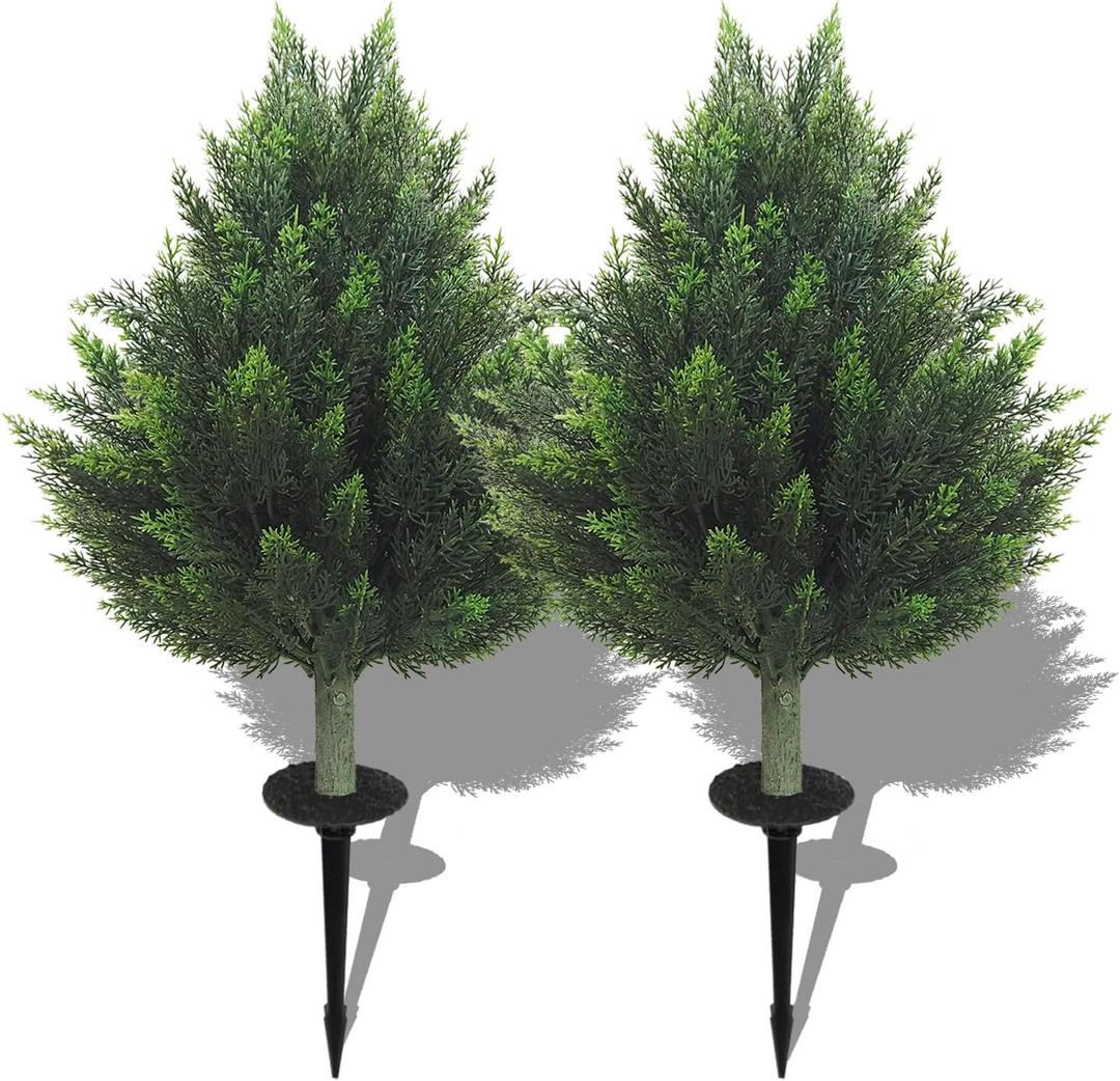 R's Ceder Artificial Topiary Cedar Tree 32 inch Faux Little Bush Cedar Tree UV Resistant Shrub Potted Artificial Plant for Outdoor Indoor Front Porch Garden (2 Pack)