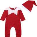 Gueuusu My First Christmas Outfit Baby Elf Costume Long Sleeve Santa Claus Romper Jumpsuit with Hat Clothes (Red, 6-12 Months)
