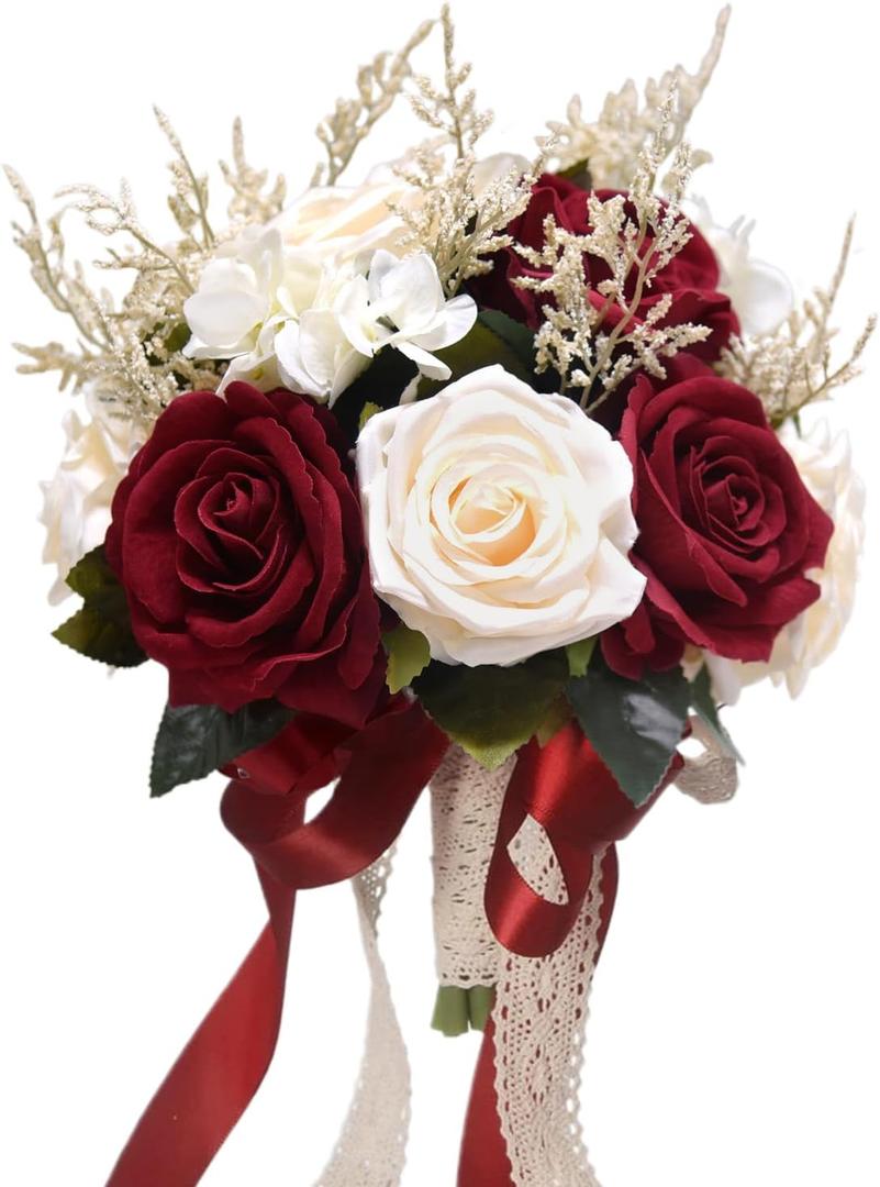 8.6in Wedding Bouquets for Bride Bridesmaid,White Champagne Red Burgundy Rose Artificial Fake Silk Flowers Bridal Bouquets for Wedding With Ribbon Handle Boho Rustic Church Decoration Toss Bouquet