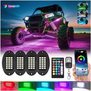 4Pods Aluminum RGBW LED Rock Lights Kit for ATV UTV 4 Wheeler Can-Am SXS RZR Side by Side Offroad Golf Cart with APP/RF Remote,Multicolor Metal Case Waterproof Bright Underglow Underbody Light 12V