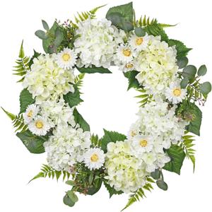 Briful 24'' Large Spring Wreaths for Front Door, Summer Floral Wreaths with Hydrangea Daisy, Realistic Artificial Wreath for Home Indoor Decor, Farmhouse Fireplace Windows Mantle Decorations, White