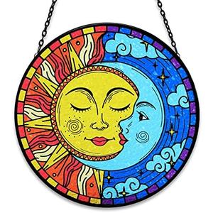 Sun and Moon Decor Stained Glass Boho Suncatcher for Windows Hanging Sun Moon Eclipse Celestial Decor for Garden Living Room Conservatory Witchy Gifts for Women Christmas Thanksgiving Gifts