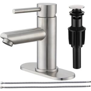 Brushed Nickel Bathroom Faucets Stainless Steel Single Handle Bathroom Sink Faucets 1 Hole or 3 Holes with Pop-up Drain for RV Vanity