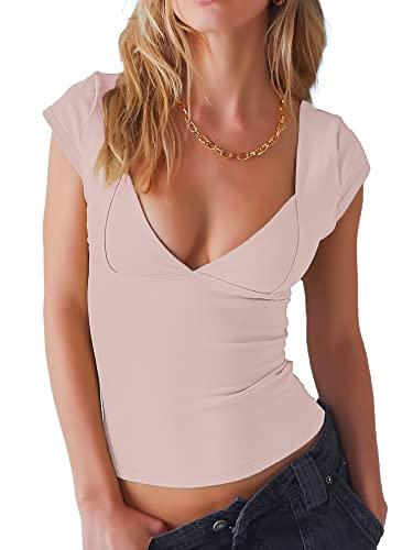 ForeFair Women Sexy Deep V Neck Backless Tank Top Slim Fit Summer Casual Y2k Crop Short Sleeve Top(Pink,S)